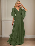 Vestido de gasa para madre de la novia, corte A, escote en V, largo hasta el suelo, con apliques de lentejuelas, encaje y abalorios
