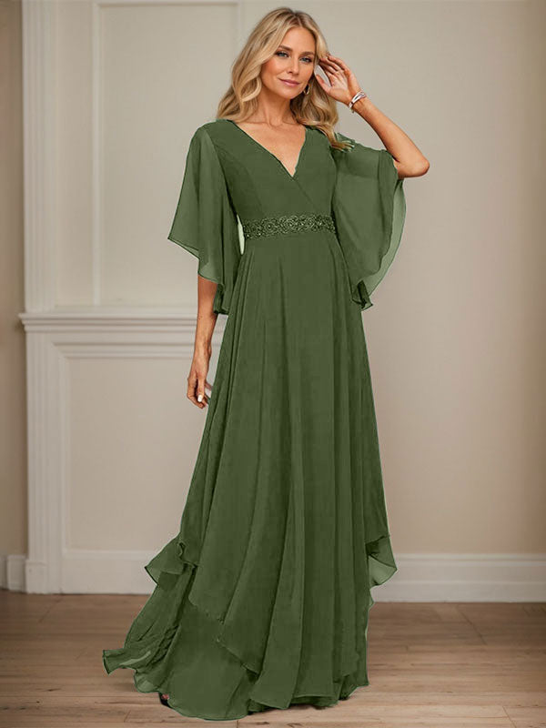 Vestido de gasa para madre de la novia, corte A, escote en V, largo hasta el suelo, con apliques de lentejuelas, encaje y abalorios