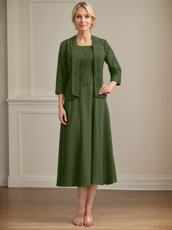 Vestido de gasa con encaje y escote redondo hasta la rodilla para madre de la novia