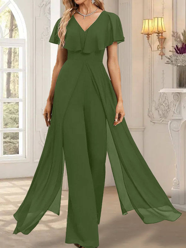 Vestido de noche de gasa con escote en V y largo hasta el suelo, tipo mono/pantalón