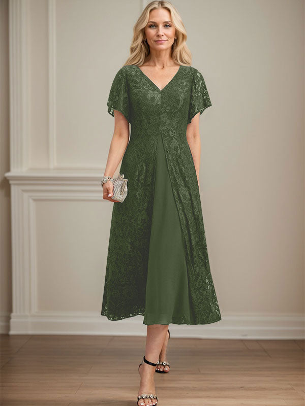 Vestido de gasa con encaje y escote en V para madre de la novia, largo hasta la rodilla