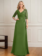 A-Linien-Kleid mit V-Ausschnitt, bodenlangem Spitzenchiffon und plissierten Pailletten 