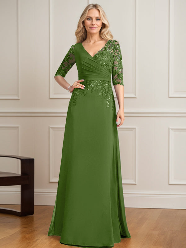 Vestido de madre de la novia de gasa con encaje, escote en V y lentejuelas plisadas hasta el suelo