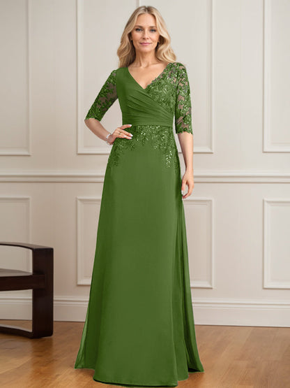A-Linien-Kleid mit V-Ausschnitt, bodenlangem Spitzenchiffon und plissierten Pailletten 