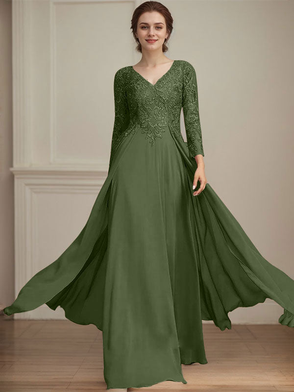 Vestido de madre de la novia de gasa con encaje, escote en V y lentejuelas, largo hasta el suelo