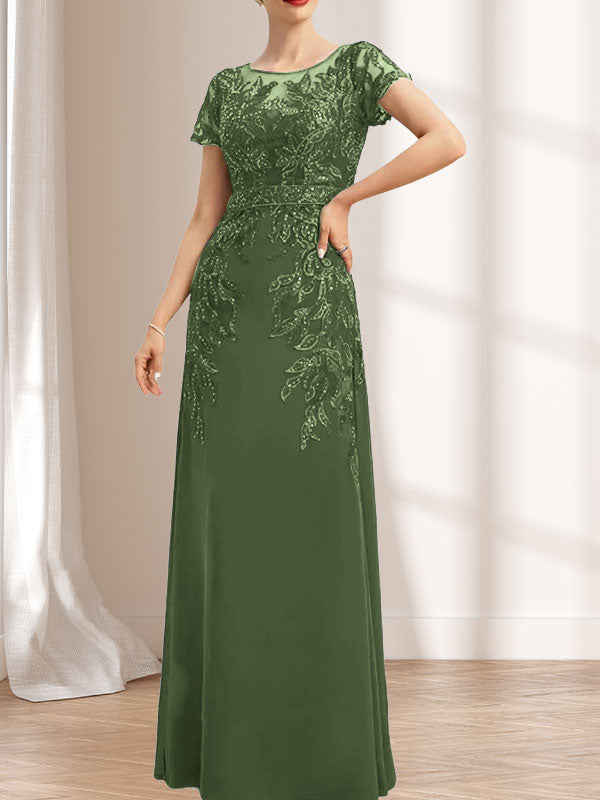 Vestido de madre de la novia de gasa con encaje, escote redondo, ilusión, largo hasta el suelo, con lentejuelas