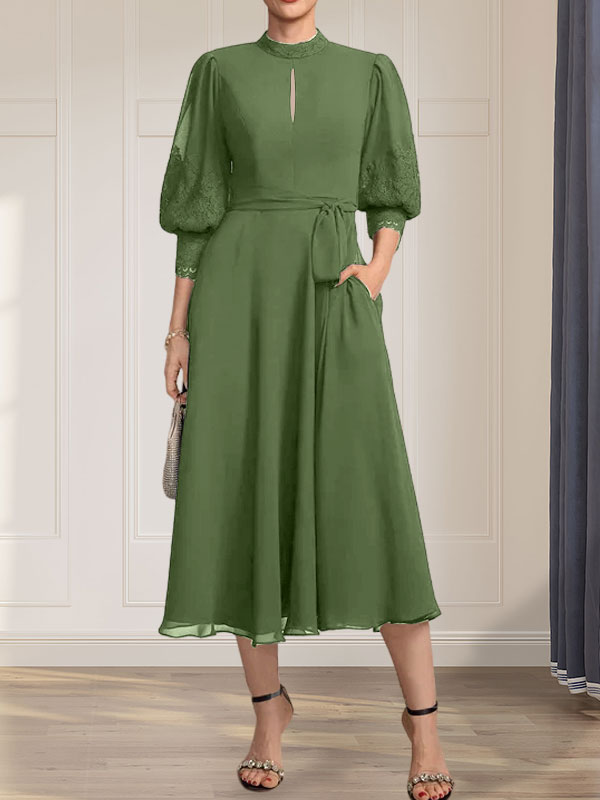 A-Linien-Kleid mit hohem Halsausschnitt und bodenlangem Spitzenchiffonkleid mit Schleife