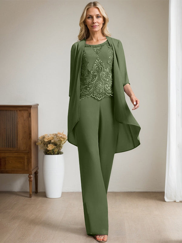 Vestido de madre de la novia de gasa con encaje, escote redondo y lentejuelas y mono/pantalón separado