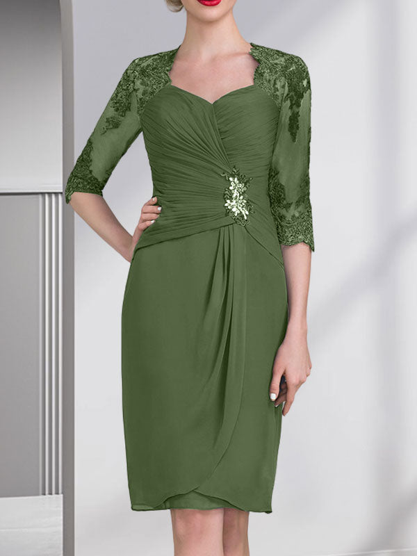Vestido de gasa para madre de la novia con escote corazón, largo hasta la rodilla, con apliques de cuentas, encaje y lentejuelas plisado.