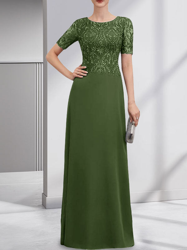 Vestido de gasa con encaje y lentejuelas para madre de la novia, corte A, largo hasta el suelo