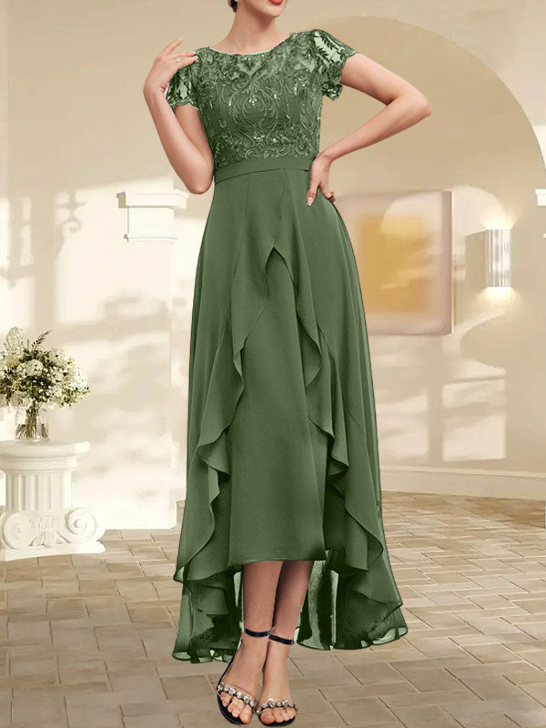 Vestido de madre de la novia de gasa asimétrica con escote en A, ilusión, encaje, lazo, volante y lentejuelas