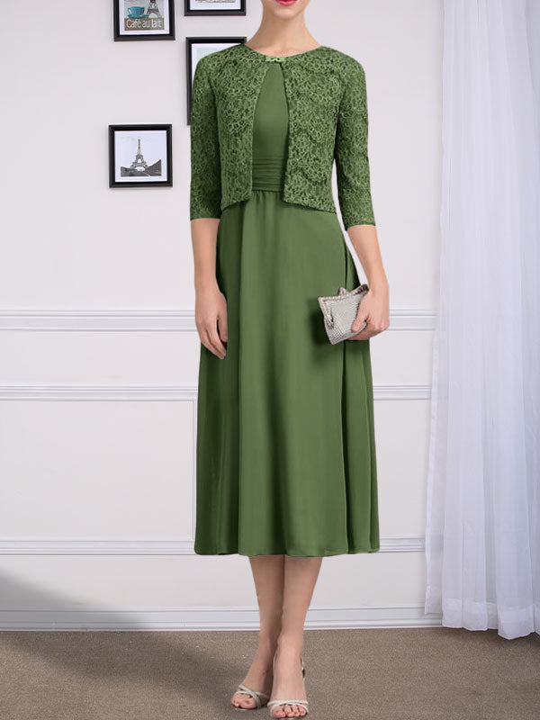 Vestido de gasa para madre de la novia con corte en A, escote redondo y largo hasta la rodilla con pliegues