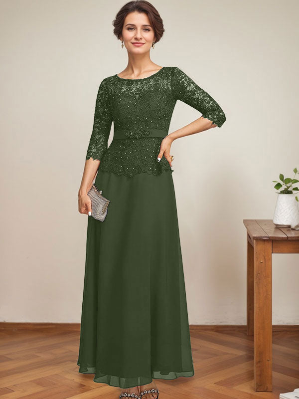 Vestido de gasa con encaje y escote en A, ilusión, largo hasta los tobillos, para madre de la novia con cuentas de diamantes de imitación
