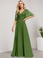 Vestido de madre de la novia de gasa con encaje, escote en V y lentejuelas, largo hasta el suelo