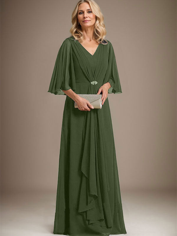Vestido de gasa para madre de la novia, corte A, escote en V, largo hasta el suelo, con volantes en cascada y broche de cristal