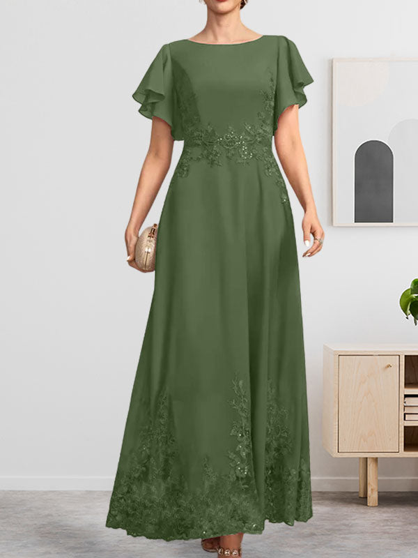 A-Linie U-Ausschnitt Knöchellang Spitzen-Chiffon-Kleid für die Brautmutter mit Pailletten