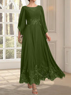 Vestido de gasa con encaje y lentejuelas para madre de la novia, corte A, escote ilusión, largo hasta los tobillos