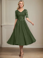 Vestido de gasa con encaje y lentejuelas para madre de la novia, corte A, escote en V y largo hasta la rodilla