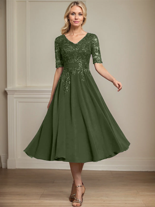 Vestido de gasa con encaje y lentejuelas para madre de la novia, corte A, escote en V y largo hasta la rodilla