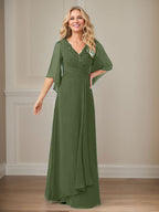 A-Linie V-Ausschnitt Lange Pailletten Chiffon Mutterkleid