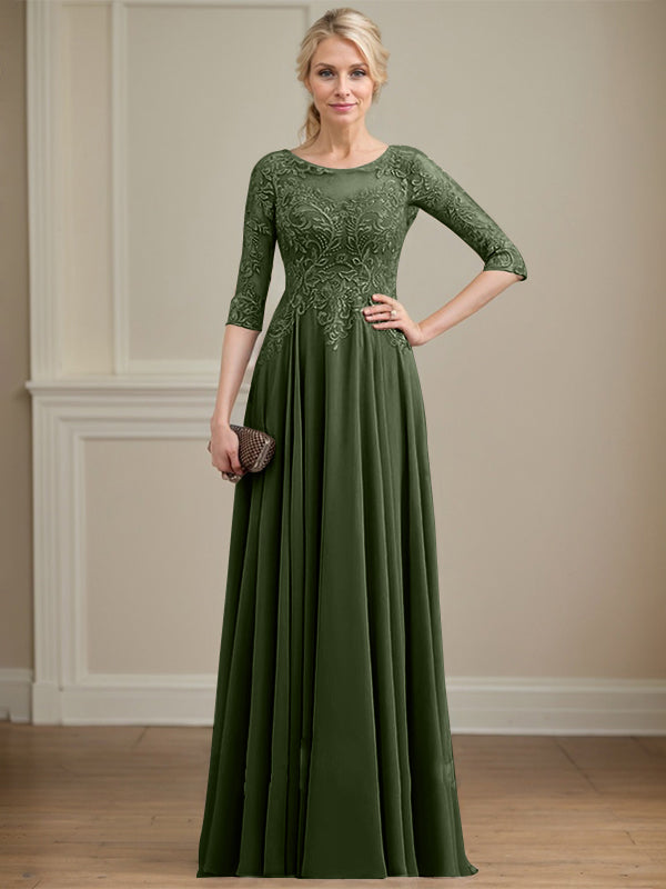 Vestido de gasa con encaje y lentejuelas para madre de la novia, corte A, escote ilusión, largo hasta el suelo