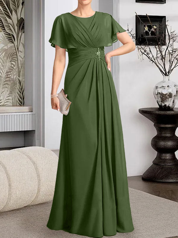 Vestido de gasa para madre de la novia con corte en A, escote redondo y largo hasta el suelo, con cuentas plisadas