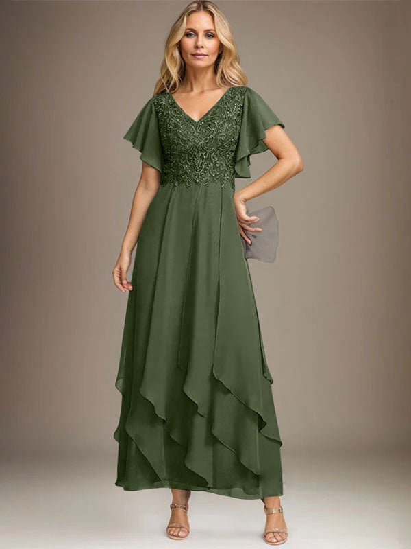 Vestido de gasa con encaje y escote en V hasta los tobillos para madre de la novia con volantes en cascada
