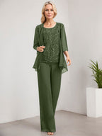 Vestido de madre de la novia de gasa con encaje, largo hasta el suelo, con lentejuelas y mono/pantalón separado