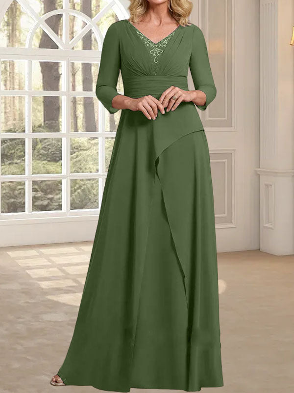 Vestido de gasa para madre de la novia con escote en V, largo hasta el suelo, con pliegues y cuentas