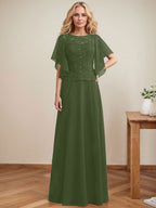 Vestido de gasa con encaje y lentejuelas para madre de la novia, corte A, escote ilusión, largo hasta el suelo