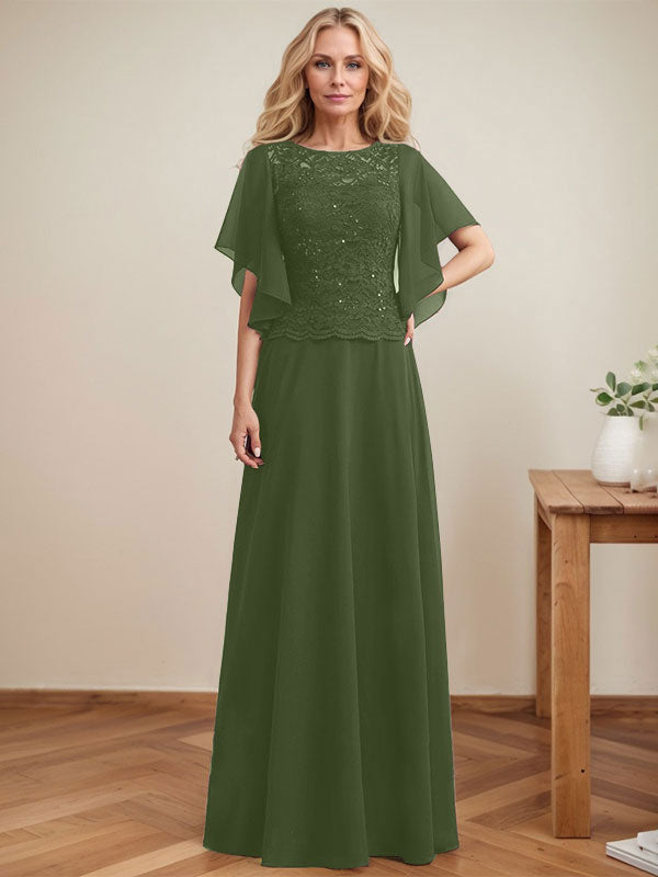 Vestido de gasa con encaje y lentejuelas para madre de la novia, corte A, escote ilusión, largo hasta el suelo
