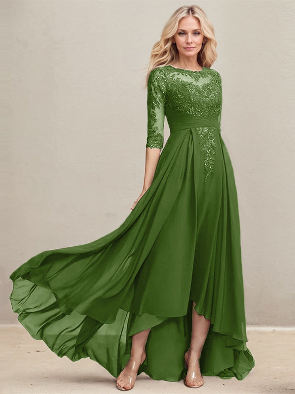 Vestido de madre de la novia de gasa con encaje asimétrico, ilusión de escote redondo y lentejuelas plisadas