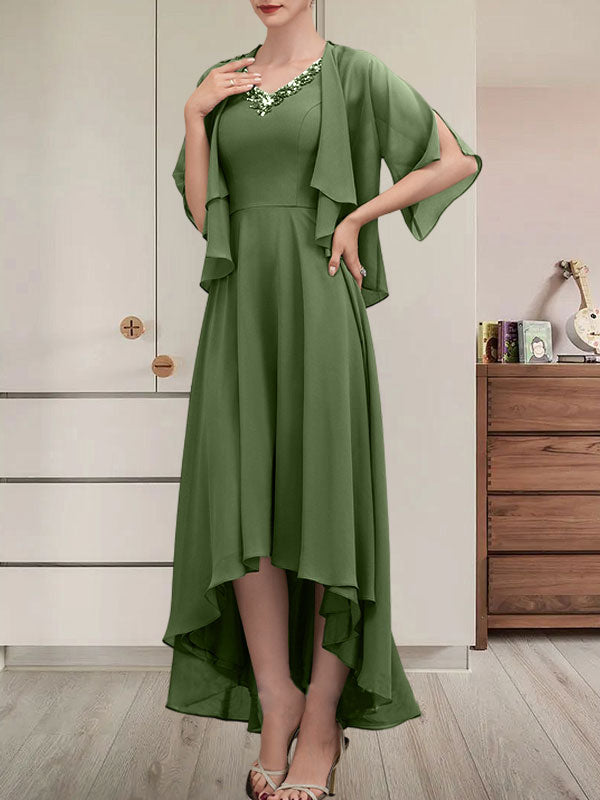 A-Linien-Kleid mit V-Ausschnitt, asymmetrischem Chiffon für die Brautmutter mit Perlen und Pailletten