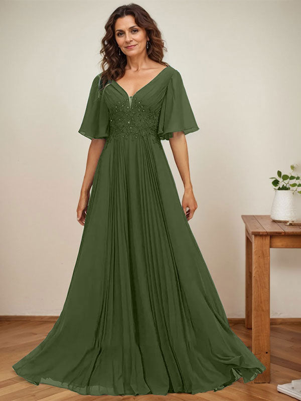 Vestido de gasa para madre de la novia, corte A, escote en V, largo hasta el suelo, con apliques de lentejuelas y encaje plisado