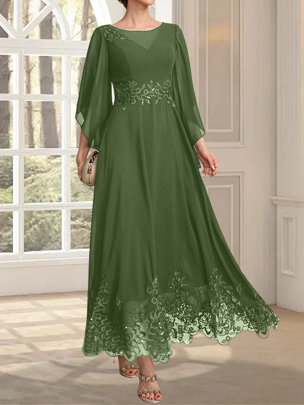 Vestido de gasa con encaje y lentejuelas para madre de la novia, corte A, escote ilusión, largo hasta los tobillos