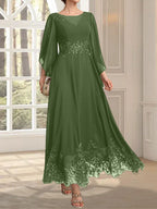 Vestido de gasa con encaje y lentejuelas para madre de la novia, corte A, escote ilusión, largo hasta los tobillos
