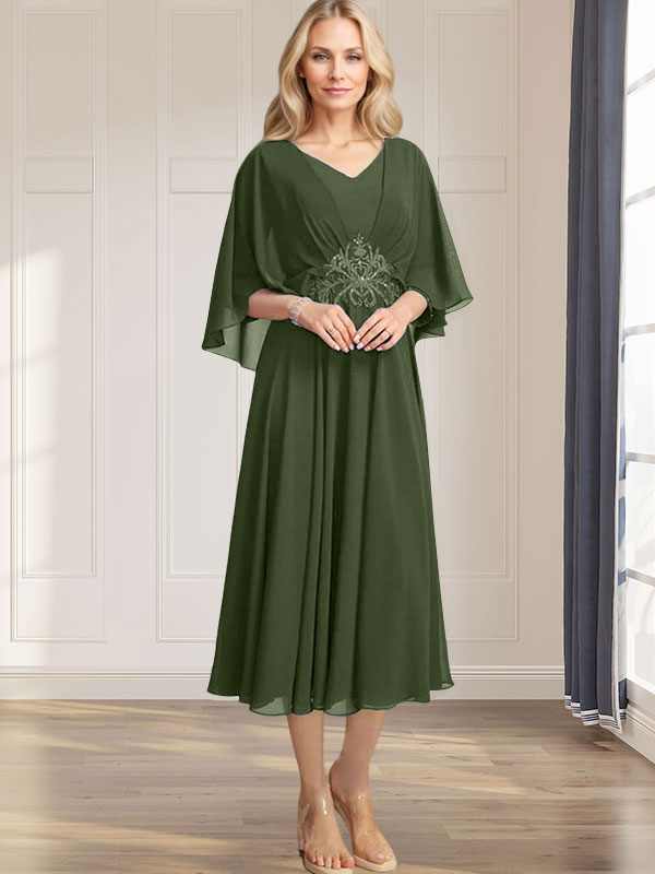 A-Linie V-Ausschnitt Wadenlanges Chiffonkleid für die Brautmutter mit plissierten Paillettenapplikationen Spitzenbesatz 