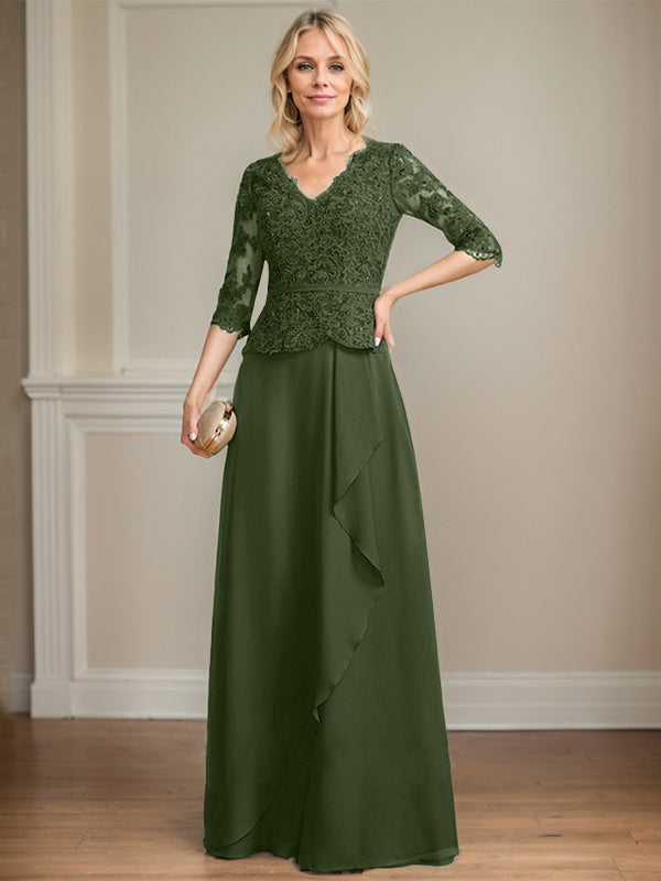 A-Linie V-Ausschnitt Bodenlanges Spitzen-Chiffon-Kleid für die Brautmutter mit kaskadierenden Rüschen und Pailletten 