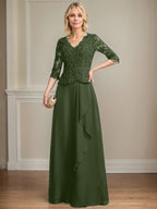 A-Linie V-Ausschnitt Bodenlanges Spitzen-Chiffon-Kleid für die Brautmutter mit kaskadierenden Rüschen und Pailletten 