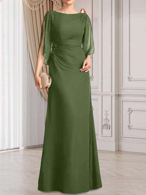 Vestido de gasa para madre de la novia con corte tubo/columna, escote redondo y largo hasta el suelo, con cuentas plisadas