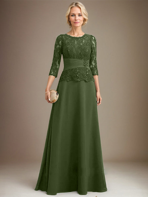 Vestido de gasa con encaje, corte A, ilusión, largo hasta el suelo, para madre de la novia, con lentejuelas plisadas y abalorios