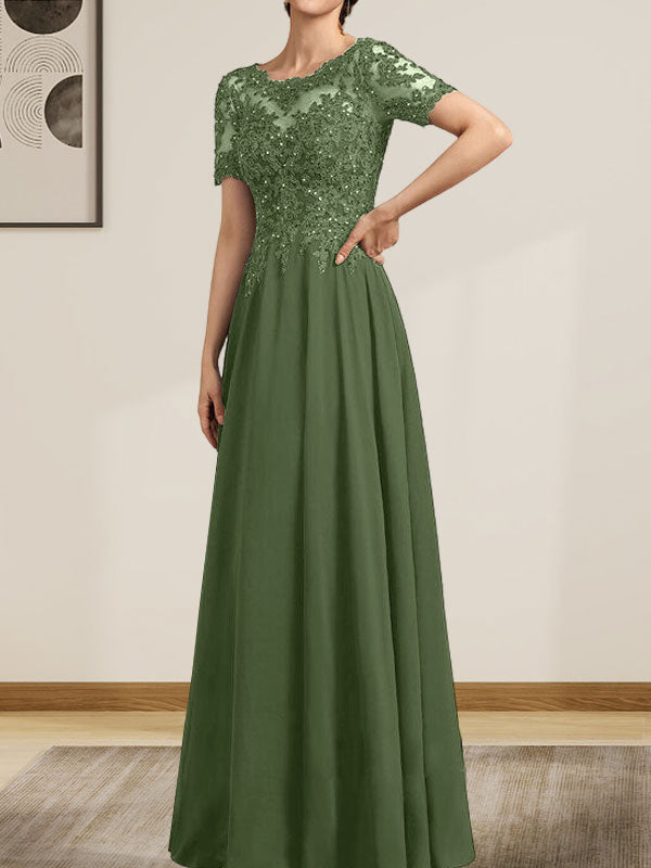 Vestido de gasa con encaje y lentejuelas para madre de la novia, largo hasta el suelo, con escote en A y ilusión