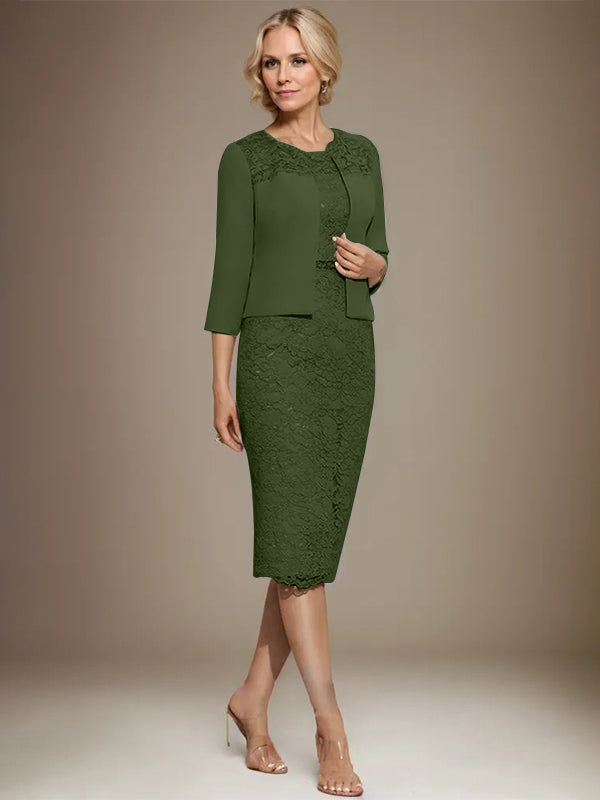 Vestido de gasa con encaje y cuentas para madre de la novia, largo hasta la rodilla, con escote redondo y corte columna
