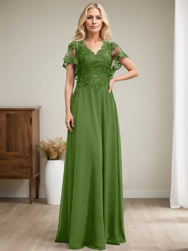 A-Linie V-Ausschnitt Bodenlanges Spitzenchiffonkleid für die Brautmutter mit Pailletten 