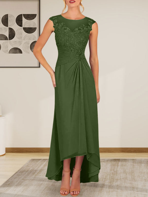 Vestido de gasa con encaje y escote redondo en forma de A color champán