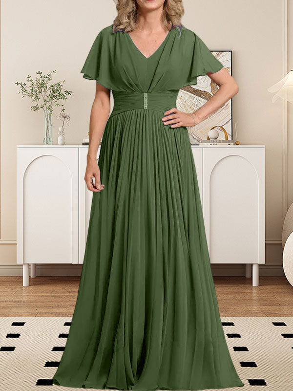 Vestido de gasa para madre de la novia, corte A, escote en V, largo hasta el suelo, con broche de cristal y plisado