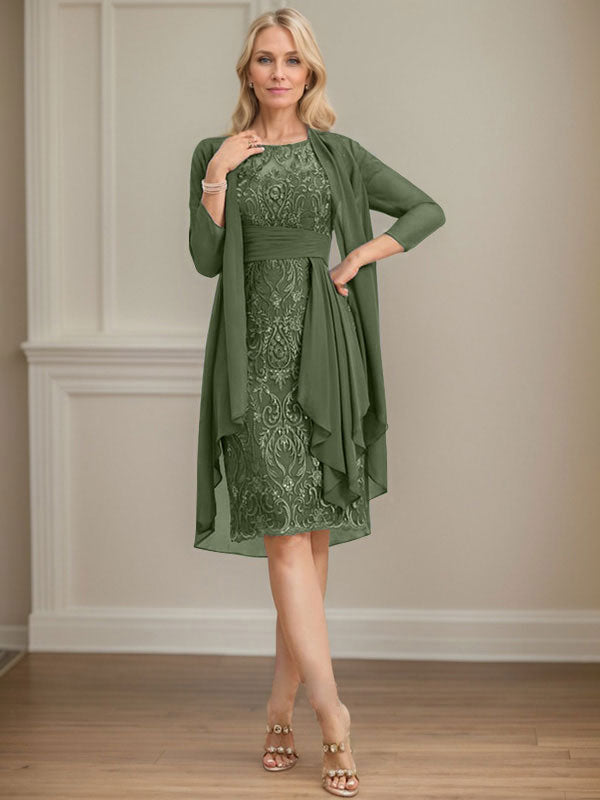 Vestido de madre de la novia de gasa con encaje, escote redondo, ilusión, largo hasta la rodilla, con volantes en cascada y lentejuelas