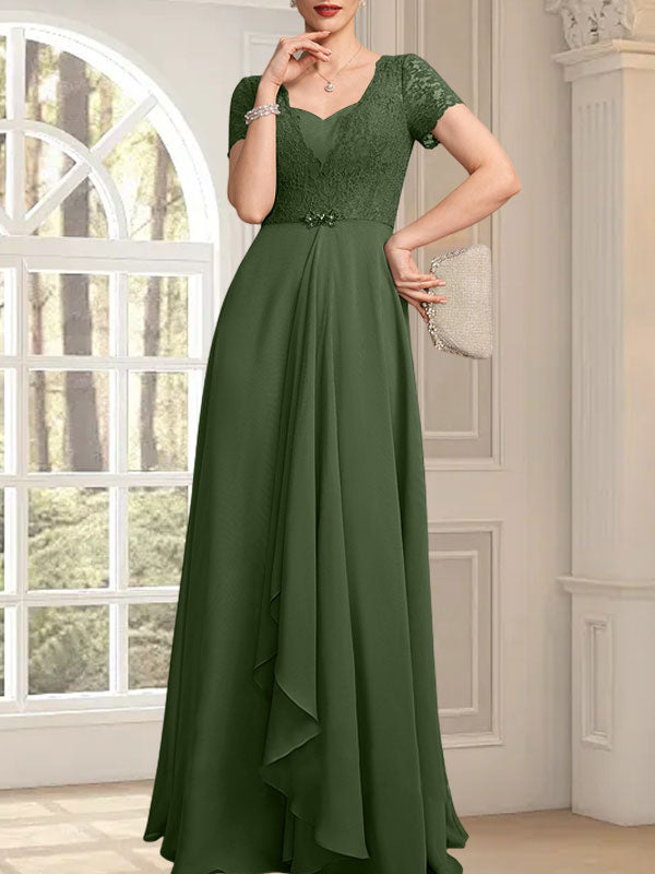 Vestido de madre de la novia de gasa con encaje, corte en A, escote corazón, largo hasta el suelo, con volantes en cascada y cuentas