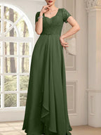 Vestido de madre de la novia de gasa con encaje, corte en A, escote corazón, largo hasta el suelo, con volantes en cascada y cuentas
