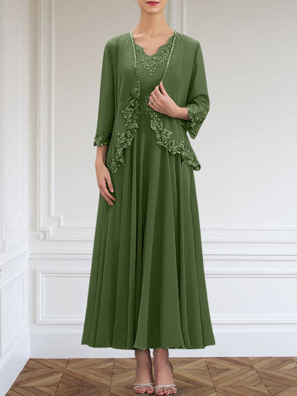 Vestido de gasa para madre de la novia, corte A, escote en V, largo hasta los tobillos, con apliques de lentejuelas, encaje y cuentas